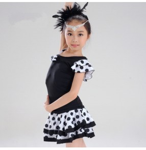 White and black polka dot printed split sets leotards skirts one shoulder girls kids children performance competition performance latin salsa cha dance dresses outfits costumes